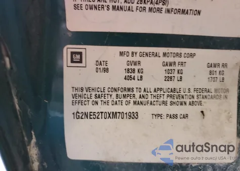 1999 Pontiac Grand Am Se из США, поврежденный, VIN 1G2NE52T0XM701933